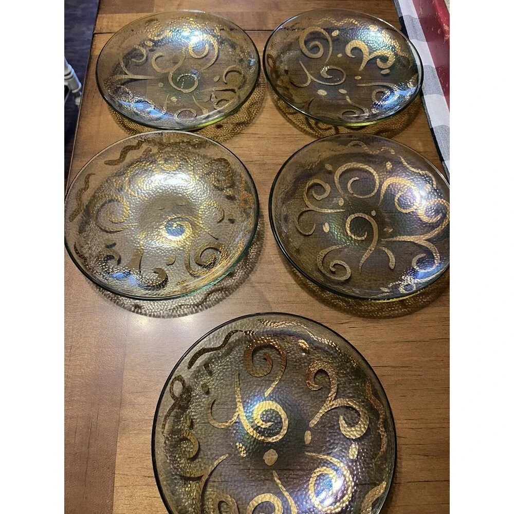 Pier 1 Vintage Hand Painted Glass Gold Iridescent Salad Bowls 5 Made in Italy